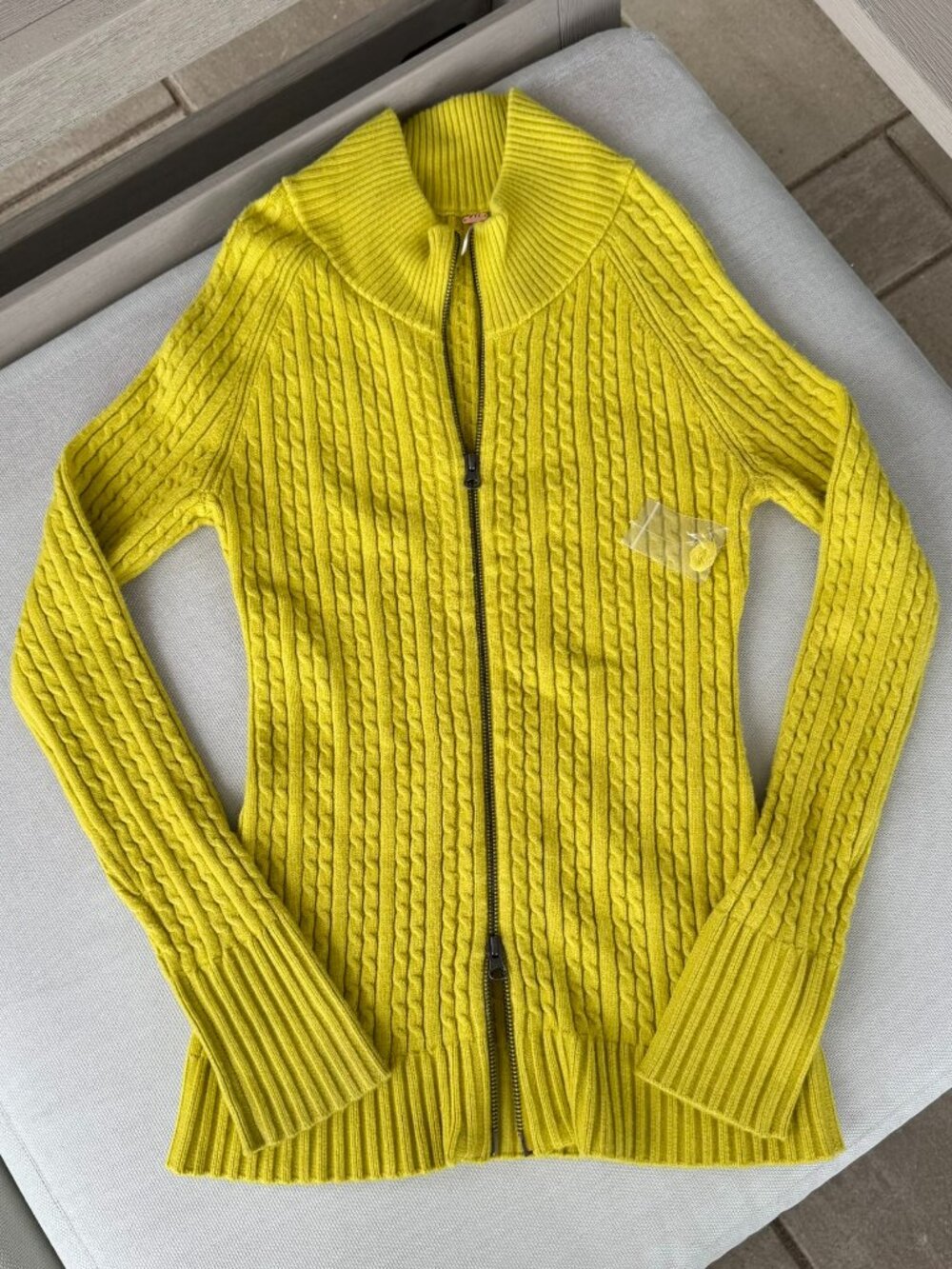 New Free People Eliza Cable Knit Zip-Up Sweater Chartreuse Yellow Medium